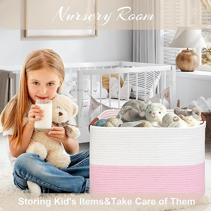 Large Cotton Rope Storage Basket with Leather Handles, Laundry Hamper Basket, 20 "L x 14" W x 12 "H, Durable & Stylish Organizer for Home.(Large Pink)