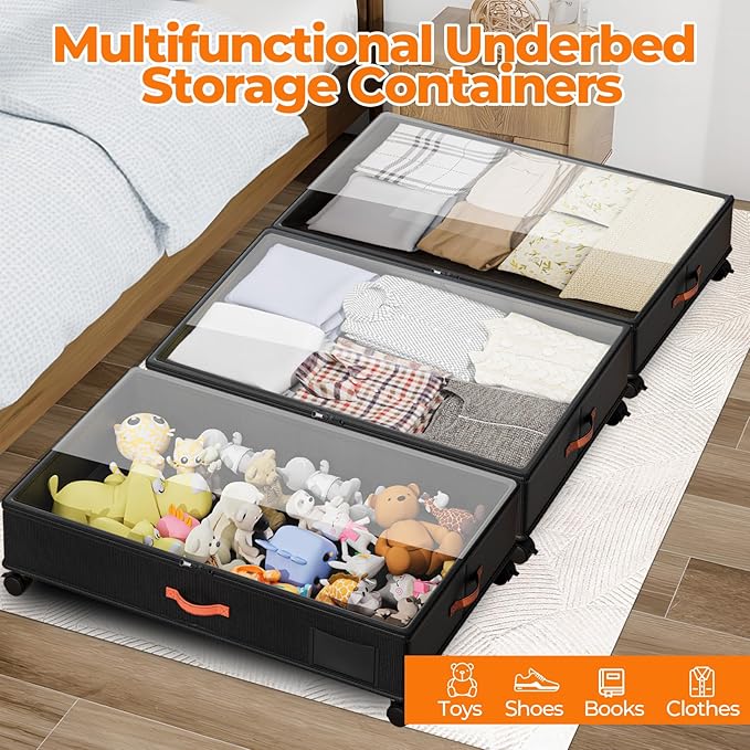 Under Bed Storage with Wheels,2-Pack Under Bed Storage Containers with Clear Lids,XXL Large Under the Bed Storage Organizer Bins With Handles,Space Saving Design for Clothes,Shoes,Books-Black