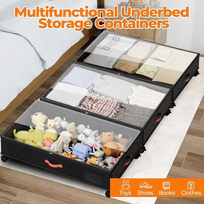 Under Bed Storage with Wheels,2-Pack Under Bed Storage Containers with Clear Lids,XXL Large Under the Bed Storage Organizer Bins With Handles,Space Saving Design for Clothes,Shoes,Books-Black