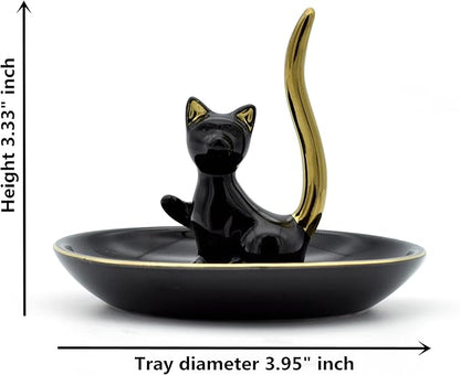 Happy Cat Posture Ring Holder Jewelry Storage Dish Trinket Tray Decorative Black/Golden Tail.