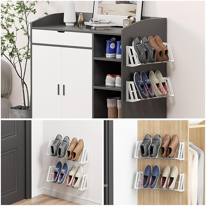 Wall Mounted Shoe Rack, 3 Pack Wall Shoe Rack Holds 6 Pairs of Shoes with Sticky Adhesive Strips Shoe Organizer Space Saving Wall Mount Shoe Storage for Camper Shoe Hanger White