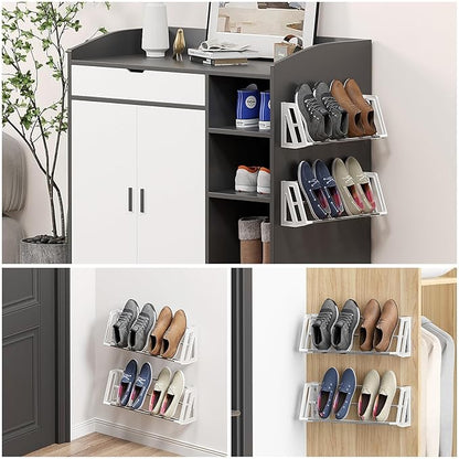 Wall Mounted Shoe Rack, 3 Pack Wall Shoe Rack Holds 6 Pairs of Shoes with Sticky Adhesive Strips Shoe Organizer Space Saving Wall Mount Shoe Storage for Camper Shoe Hanger White