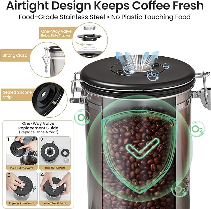 Veken Coffee Canister, 39OZ Large, Airtight Stainless Steel Food Storage Container for 2.2lbs Coffee Beans, Ground, Sugar, Tea, Flour, Cereal, Kitchen Bar Accessories with Date Tracker & Scoop, Silver