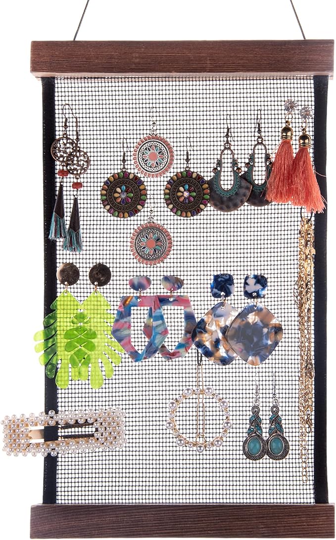 FEQO Mesh Earring Organizer Hanging Earrings Holder Wall Mounted Earring Hanging Jewelry Holder Organizer with 20 Pieces S Shape Black Hooks (12 x 7.2 inch)
