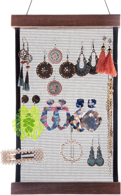 FEQO Mesh Earring Organizer Hanging Earrings Holder Wall Mounted Earring Hanging Jewelry Holder Organizer with 20 Pieces S Shape Black Hooks (12 x 7.2 inch)