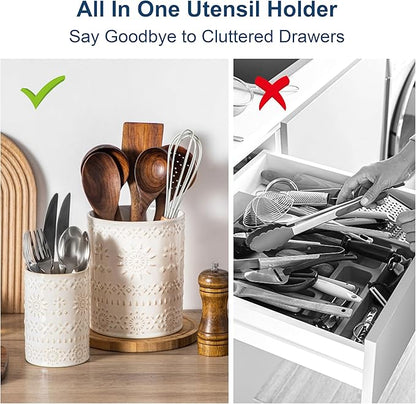 LOVECASA Utensil Holder, 7.2"+5.4" Ceramic Utensil Holder for Countertop, Large Cooking Utensil Crocks for Kitchen Counter, Farmhouse Utensil Vase for Housewarming, Kitchen Decor, Set of 2, Oasis