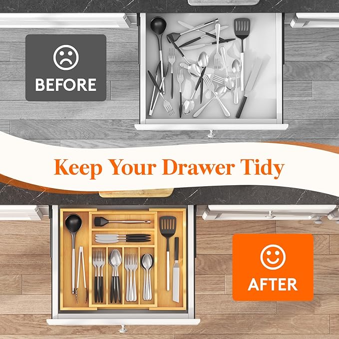 Lifewit Silverware Drawer Organizer, Expandable Utensil Tray for Kitchen, Flatware and Cutlery Holder, Wood Adjustable Storage for Spoons Forks Knives, 28-47 x 38cm, Natural