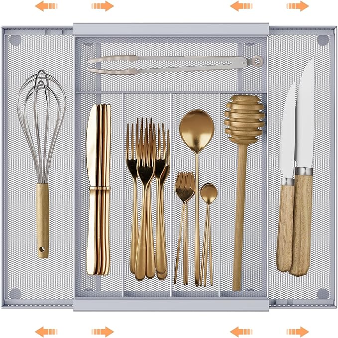 Sedegn Silverware Organizer Metal Mesh, Drawer Organizer, Utensil Cutlery Tray Expandable Flatware Organizer with 7 Compartment Silver 9.6"~16.1" x 13.8"