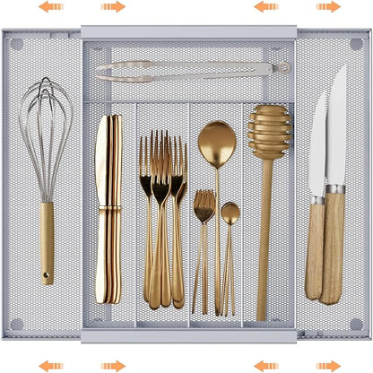 Sedegn Silverware Organizer Metal Mesh, Drawer Organizer, Utensil Cutlery Tray Expandable Flatware Organizer with 7 Compartment Silver 9.6"~16.1" x 13.8"