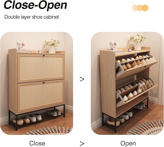 AVZEAR Narrow Shoe Storage Cabinet for Entryway with 2 Flip Drawers, Freestanding Shoe Cabinet with Natural Linen Panel, Slim Wood Shoe Organizer Closed Shoe Rack for Hallway, Foyer, Natural
