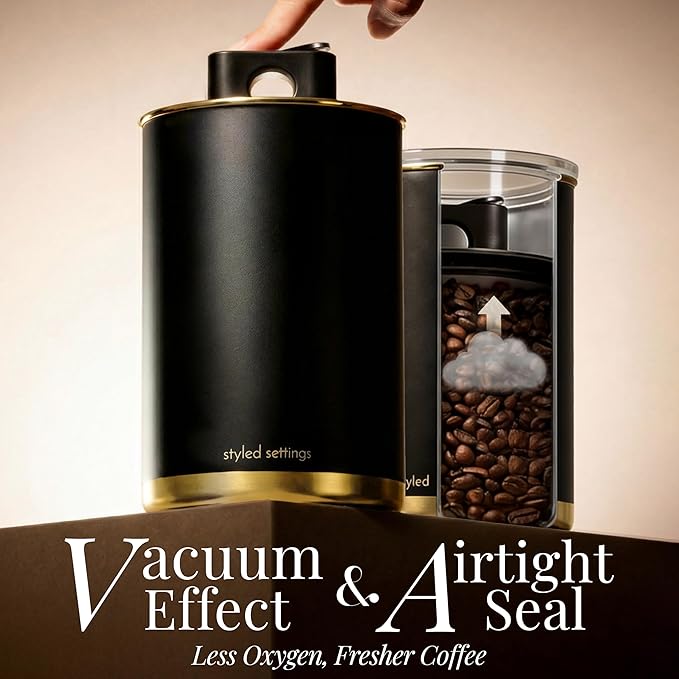 STYLED SETTINGS Coffee Bar Canisters Set of 2 – Vacuum Coffee Canisters with Airtight Lids & Scoop, Black & Gold Stainless Steel Food Storage Containers for Beans or Grounds – Coffee Lover Gifts
