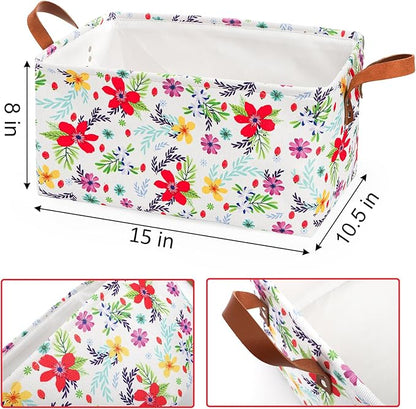 yarlung 4 Pack Floral Storage Bins with Handles, 15"x10.5"x8" Collapsible Large Storage Basket for Laundry, Decorative Fabric Lined Shelf Baskets for Organizing Clothes, Toys, Books