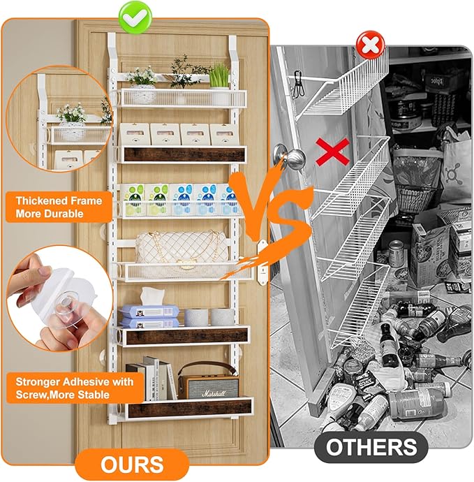 6 Tier Pantry Door Organizer Spice Rack, 2-IN-1 Wall Mount or Hanging Over Door Seasoning Organizer with Adjustable Baskets, Heavy Duty Behind Door Storage Shelves for Pantry, Cabinet and Kitchen