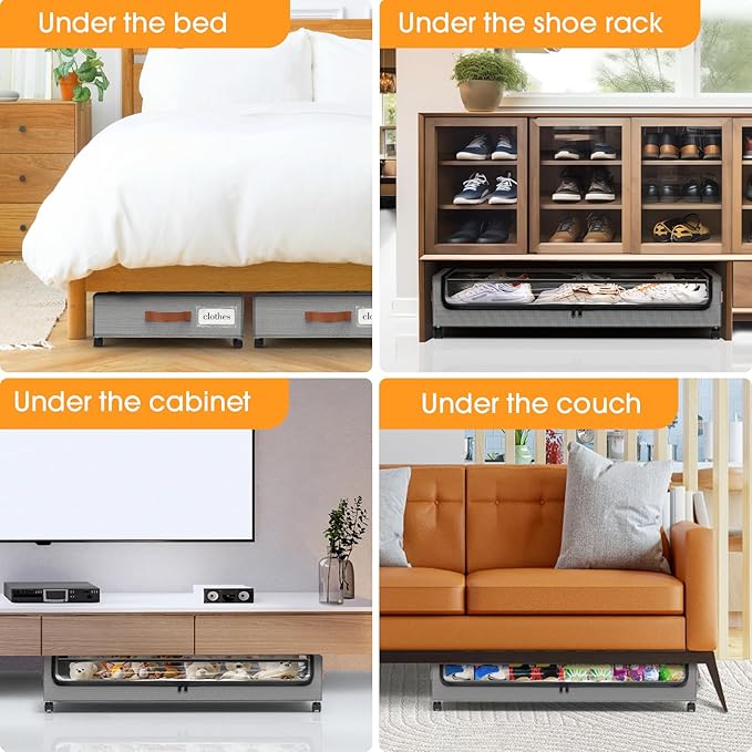 SpaceHacks Under Bed Storage with Wheels 2Pack Underbed Storage with Clear Window&Label Under Bed Drawers Large Capacity Rolling Under Bed Storage for Clothes,Shoes, Blankets (Light Grey)