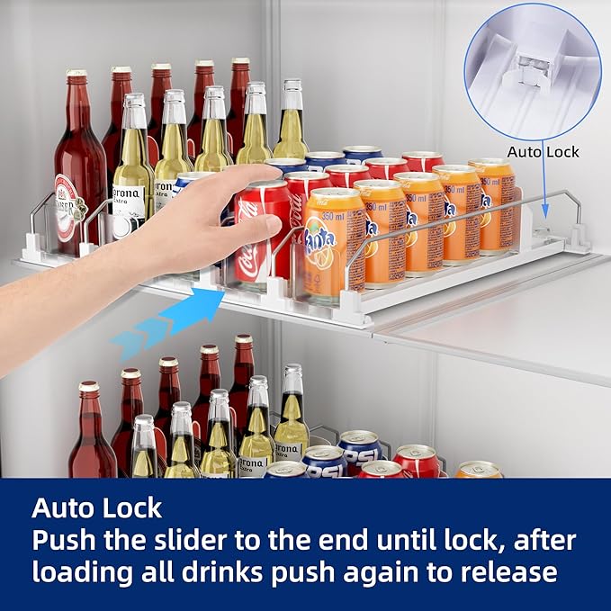 Drinks Organizer for Fridge and Pantry, Soda Can and Bottle Dispenser for Refrigerator with Automatic Pusher Glide, 5 Rows Holds Up to 25 Cans