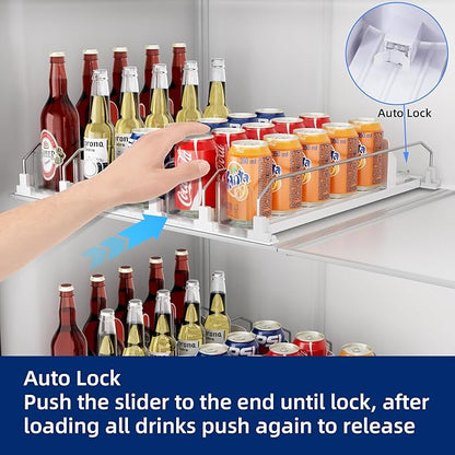 Drinks Organizer for Fridge and Pantry, Soda Can and Bottle Dispenser for Refrigerator with Automatic Pusher Glide, 5 Rows Holds Up to 25 Cans