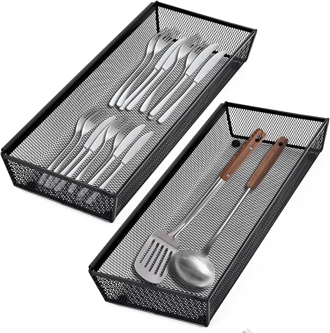 Neudeco Drawer Organizer - 5 Pack Metal Mesh Silverware Tray with Interlocking Design, 5 Compartment Cutlery Organizer for Kitchen Utensils, Black (15x6.2x2 inches)