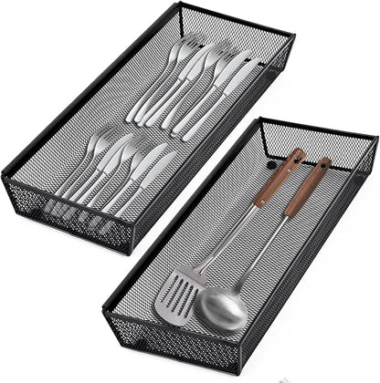 Neudeco Drawer Organizer - 5 Pack Metal Mesh Silverware Tray with Interlocking Design, 5 Compartment Cutlery Organizer for Kitchen Utensils, Black (15x6.2x2 inches)