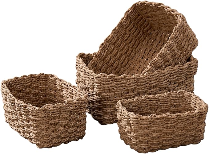4PCS Woven Storage Baskets Set, Small Baskets for Organizing, Square Handwoven Paper Rope Organizer Bins for Shelves and Home Storage (Brown)