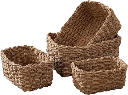 4PCS Woven Storage Baskets Set, Small Baskets for Organizing, Square Handwoven Paper Rope Organizer Bins for Shelves and Home Storage (Brown)