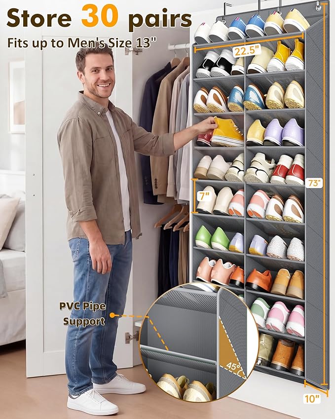 20-30 Pairs Over the Door Shoe Organizer, 10 Tiers Shoe Rack for Door, Hanging Shoe Organizer Storage for Closet, Bedroom, Bathroom with Wider & Deeper Pockets, Dark Gray