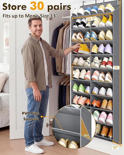 20-30 Pairs Over the Door Shoe Organizer, 10 Tiers Shoe Rack for Door, Hanging Shoe Organizer Storage for Closet, Bedroom, Bathroom with Wider & Deeper Pockets, Dark Gray