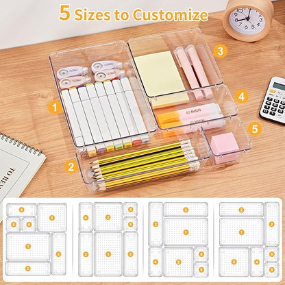 SMARTAKE 13-Piece Drawer Organizers with Non-Slip Silicone Pads, 5-Size Desk Bathroom Drawer Organizer Trays Storage Tray for Makeup, Jewelries, Utensils in Bedroom Dresser, Office and Kitchen, Clear