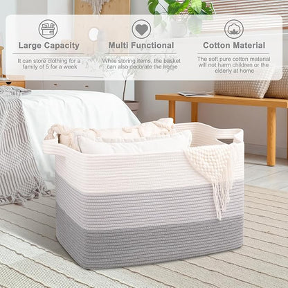 OIAHOMY Extra Large Blanket Basket, 95L Cotton Rope Woven Laundry Basket, Toy Bin for Baby Room, Container for Blanket Storage in Living Room, 24''×17''×14'', Gradient Grey