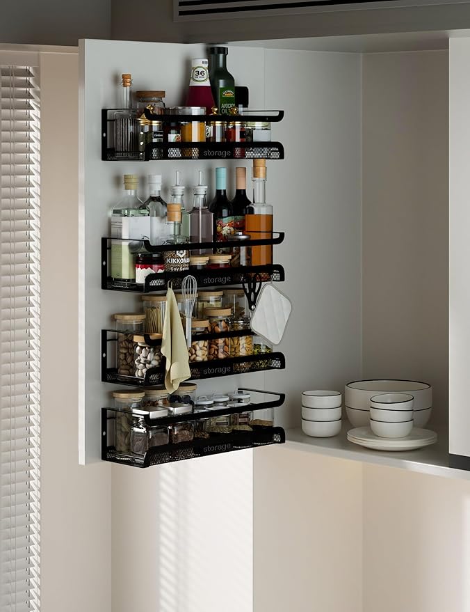Spice Rack Wall Mount with Hooks - Spice Racks Organizer for Cabinet Storage, Wall Mounted Hanging Shelf Seasoning Organizer, for Kitchen, Pantry Door, Bathroom (Black, 1 Pack)