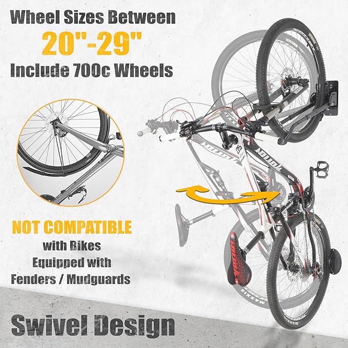 CyclingDeal Swivel Bike Wall Mount Rack - Vertical Adjustable Foldable Bicycle Parking Rack with Wheel Holder - for 20"-29" MTB 700C Road Bikes Home Garage Storage