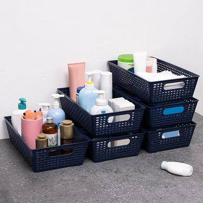 Tiawudi Stackable Woven Plastic Basket, Storage Bins for Cabinet, Closet, Shelf, Under Sink and Countertop, Pantry Organizer Bins, 6 Pack