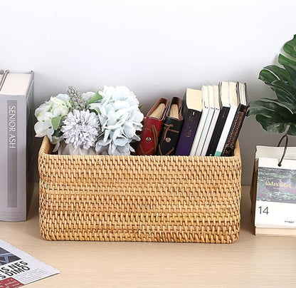 Hipiwe Handwoven Rattan Basket Wicker Storage Basket Box with Build-in Handles Natural Open Storage Bin for Shelf Bathroom Living Room Kitchen, 13" x 8.7" x 5.9"