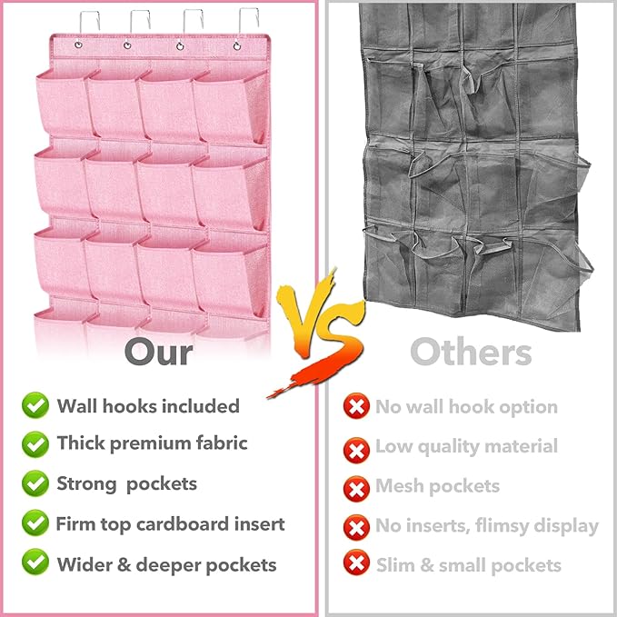 homyfort Pink Shoe Organizer Over the Door for Girls Women Kids Room,Hanging Shoe Rack Organizer for Closet Door,Zapateras Storage Holder with 24 Large Pockets & 4 Sturdy Hooks for Shoes,Slippers