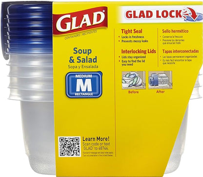 Glad GladWare Medium Rectangle Food Storage Containers with Lids, BPA Free Plastic for Soups Salads and Meal Prep, Airtight Leak Resistant, Microwave Dishwasher Freezer Safe, 24 Oz, 5 Count - 6 Pack