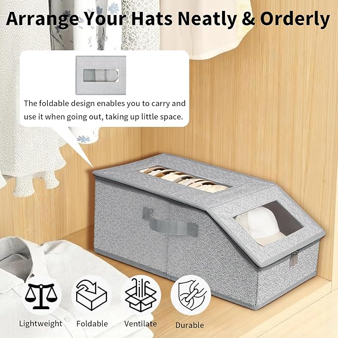 2 Pack Hat Storage Boxes for Baseball Caps - Stackable Clear Hat Organizer Box with Window Lid, Dustproof Closet Hat Case for 20-30 Caps, Large Foldable Ball Cap Storage Organizer for Men & Women