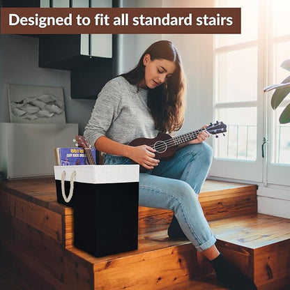 SAM AND MABEL Stair Baskets for Carpeted and Wooden Stairs – 16”L x 10”W x 16”H Foldable Staircase Basket with Handles, Stairstep Storage Organizer (Chic Black and White)