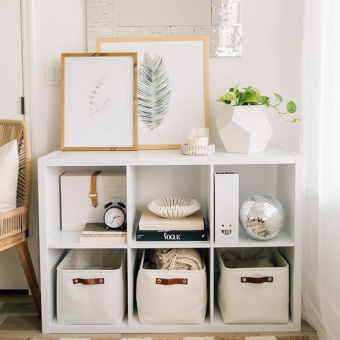OrganiHaus 15x11in Canvas Storage Baskets 3 Pack | LARGE Fabric Bins for Shelves | Closet & Bedroom Storage | Full Off-White