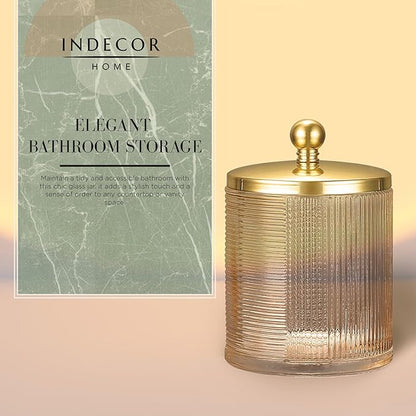 Tan Colored Tranlucent Apothecary Ribbed Geometric Etched Glass Jar W/Gold Metal Lid Cover for Bathroom Organization, Cotton Balls, Q Tips, and Small Accessories, Bathroom Storage