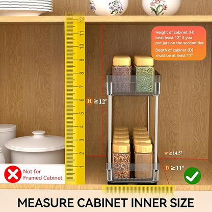 DABIGE 3 Pack Pull Out Spice Rack Organizer for Cabinet, 2 Tier Slide Out Spice Racks Organizer, Spice Cabinet Organizers, Cabinet Size Need:12'' High x 11'' Deep x 5'' Wide, Clear Acrylic