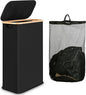 iEGrow 60L Slim Laundry Hamper, Narrow Laundry Basket with Lid,Foldable Clothes Hamper with Bamboo Handles,Hamper Basket with Removable Inner Bag for Laundry Room Bedroom College Dorm,Black