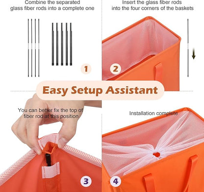 Odonata Slim Laundry Hamper Handles Collapsible Laundry Basket Thin Dirty Clothes Basket Narrow Laundry Bag Foldable Dirty Hamper 45L (Orange)