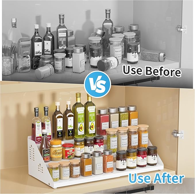 BOIVSHI Spice Rack, Spice Organization for Cabinet - Expandable Width, 3 Tiered Spice Rack Organizer for Cabinet - Adjustable Height, Seasoning Organizer for Cabinet, Countertop, Pantry, White