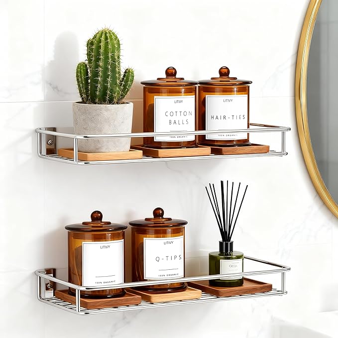 LITIVY 4 Pack Bathroom Organizers and Storage - 16 Oz Glass Qtip Holder & Cotton Pad Dispenser with Lid, Apothecary Jars for Home, Room Decor, Kitchen Organizer (Amber)