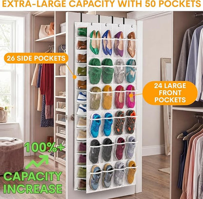 Ofiray-home Over The Door Shoe Organizer, 50 Large Pockets Double-Sided Shoe Organizer for Closet Door, Hanging Shoe Storage Up to 50 Pairs, Mesh Front Pockets & Side Storage for Sneakers, Heels,White