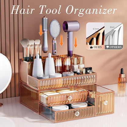 Youdepot Makeup Organizer Golden- Tempered Glass Vanity Organizer for Cosmetics, Skincare, Hair Tools, Brushes, Perfume - Multipurpose Bathroom Counter Skincare Organizer