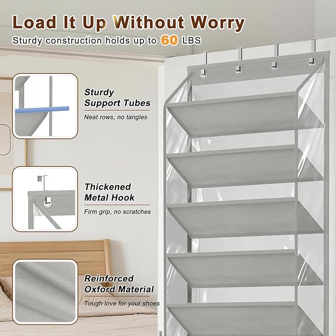 MISSLO 36 Pairs Clear Over the Door Shoe Organizer Closet Hanging Shoe Rack for Door with Large Deep Pockets Shoes Hanger Holder for Sneakers, Boots, Heels Storage (Grey)