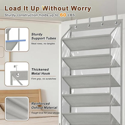 MISSLO 36 Pairs Clear Over the Door Shoe Organizer Closet Hanging Shoe Rack for Door with Large Deep Pockets Shoes Hanger Holder for Sneakers, Boots, Heels Storage (Grey)