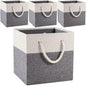 PRANDOM Large Foldable Cube Storage Bins 11x11 inch [4-Pack] Fabric Linen Storage Baskets Cubes Drawer with Cotton Handles Organizer for Shelves Nursery Closet Bedroom White and Grey
