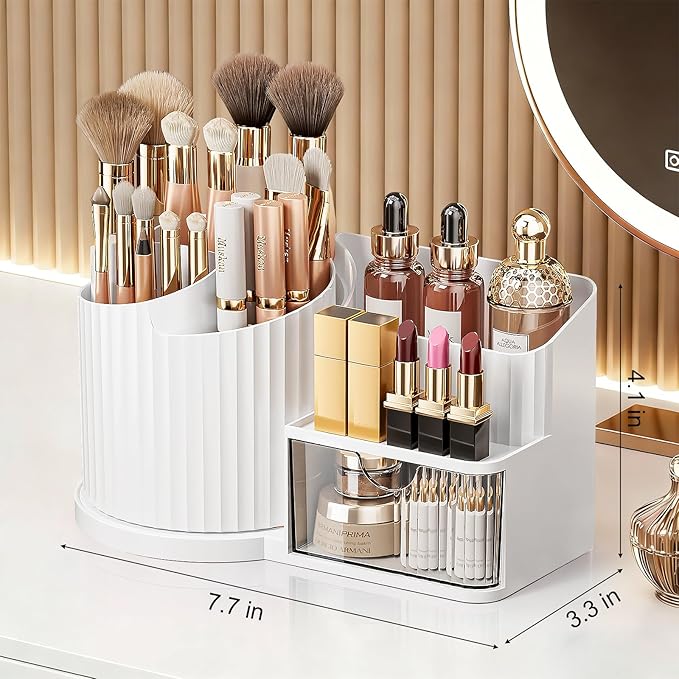 Anyoifax 360 Rotating Makeup Brush Holder Organizer with Drawer 5 Slots Make Up Brushes Cup Flower-Shaped Spinning Pen Holder for Vanity, Cosmetics, Lipsticks, White