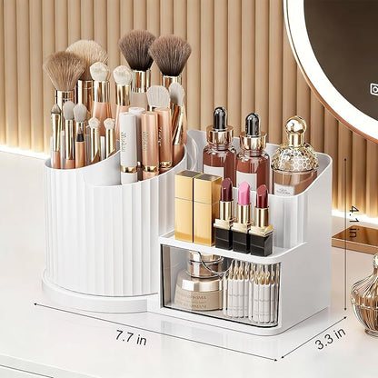 Anyoifax 360 Rotating Makeup Brush Holder Organizer with Drawer 5 Slots Make Up Brushes Cup Flower-Shaped Spinning Pen Holder for Vanity, Cosmetics, Lipsticks, White